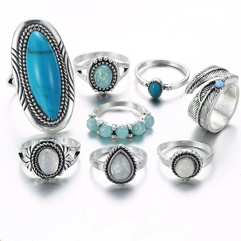

8PCS Vintage Bohemia Silver Color Turquoises Knuckle Rings Set For Women Geometric Opal Midi Rings wedding ring set for couple