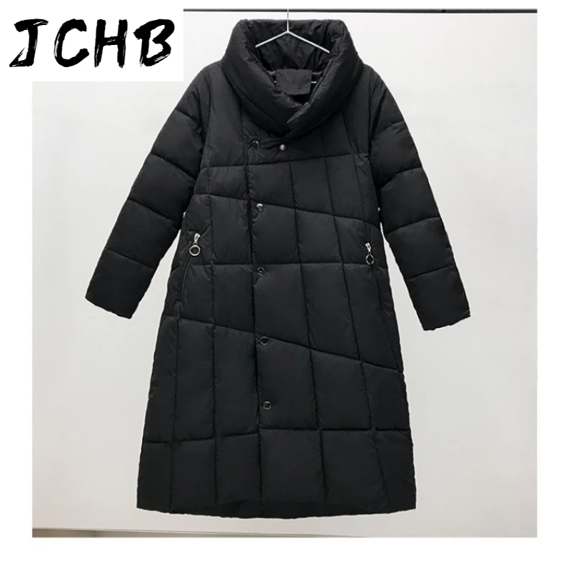 

JCHB 2021 Winter X-long Solid Jacket Women Stand Collar Thick Casual Femlae Parkas Loose Cotton Padded Covered Button Women's Co