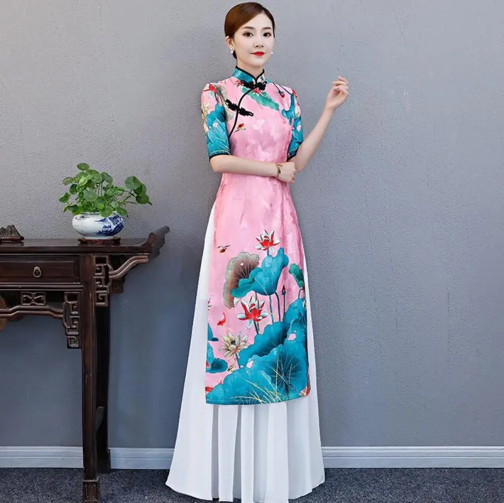 

Литературные женские ретро печати шить контрастный цвет подол поддельные два Cheongsam 2020 Новый женский сценический костюм подиума