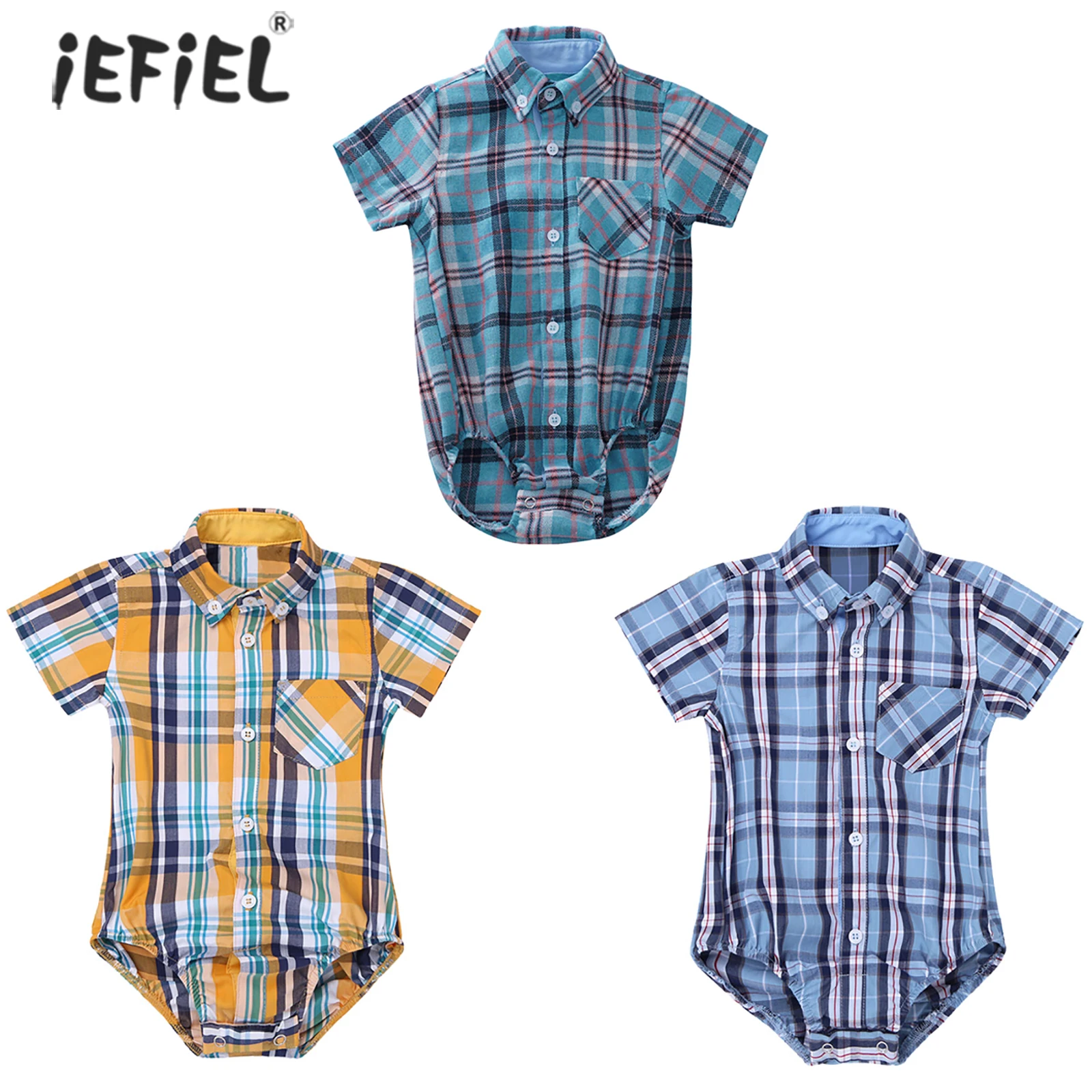 

Newborn Baby Girls Boy Bodysuits Cotton Formal Body Suit Romper Jumpsuit Set Short Sleeve Plaid Gentleman Shirt Rompers Sunsuits