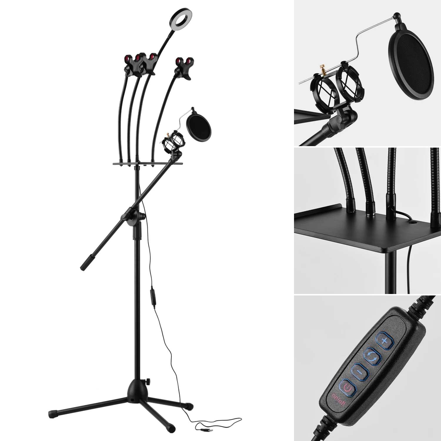 Потоковое вещание микрофон штатив Трипод стойка с светодиодный светильник