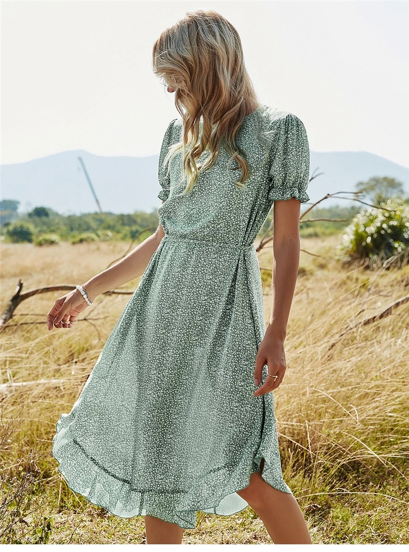 

Spring Ladies New Ruffles Dot Print Dress Women Casual O Neck High Waist Lace Up Dress for Women 2021 Fashion Summer Dress