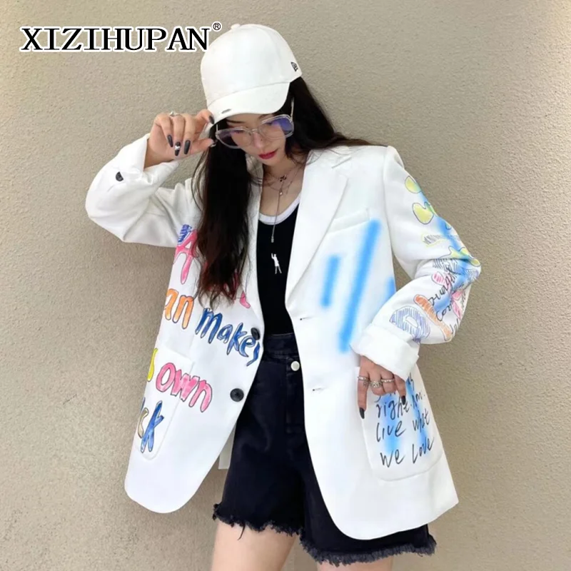 

XIZIHUPAN Casual Printed Blazer For Women Notched Collar Long Sleeve Loose Hit Color Blazers Female Korean Fashion Clothing 2021