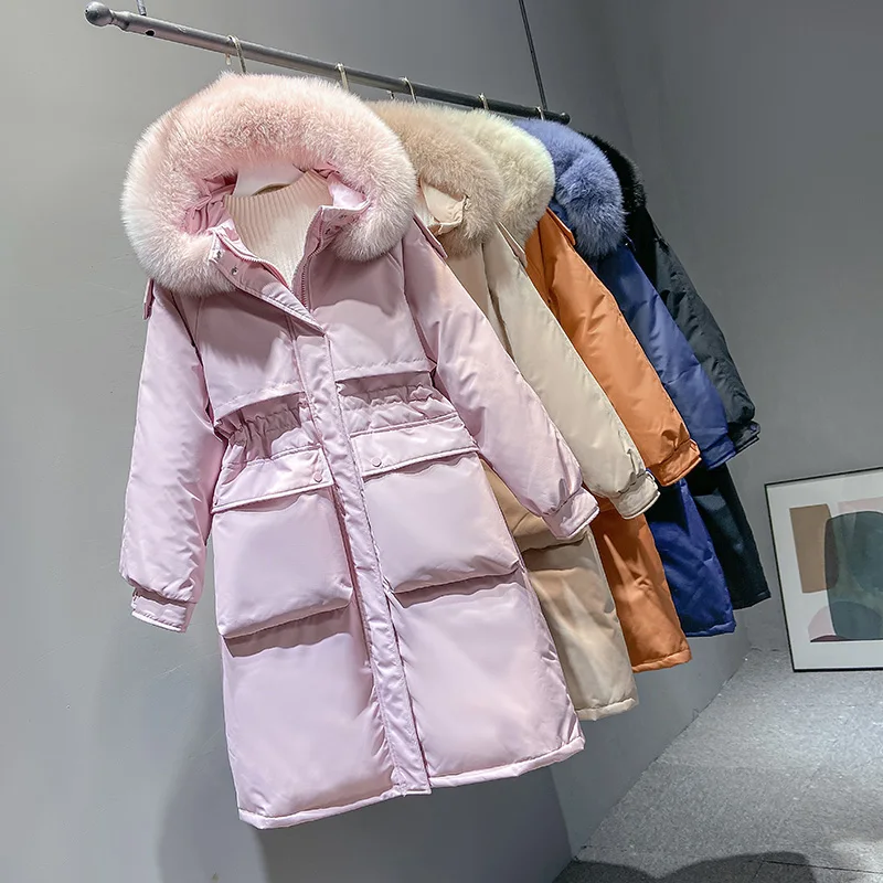 2022 New Winter Women White Duck Down Coat Female Real Natural Fox Fur Collar Solid Puffer Jacket Oversize Hooded Thicken Parkas