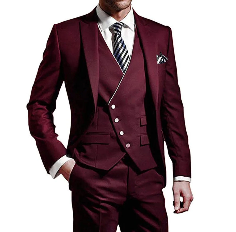 Three Pieces Men suits Notched Lable Burgundy Groomsuit Blazer One Button Formal Business Suits Groom Tuxedos(Jacket+Pants+Vest) | Свадьбы и
