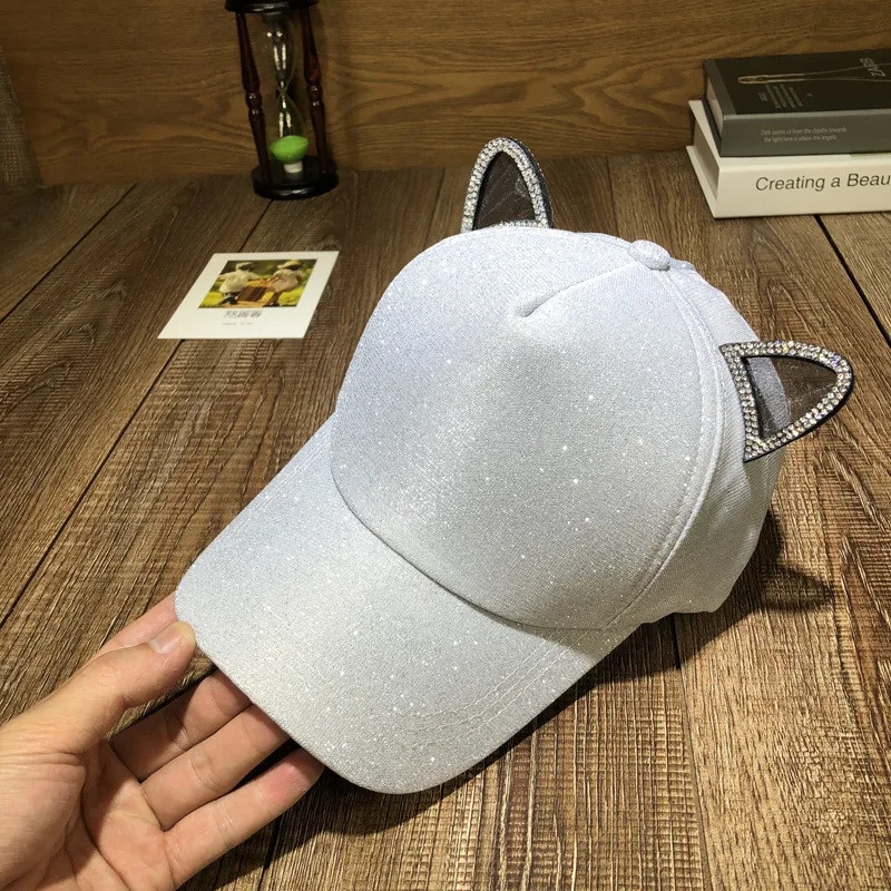 Women Girl Baseball Cap Snapback Trucker Sun Hat Cat Ears Rhinestone Cute Fashion Streetwear Adjustable Strap