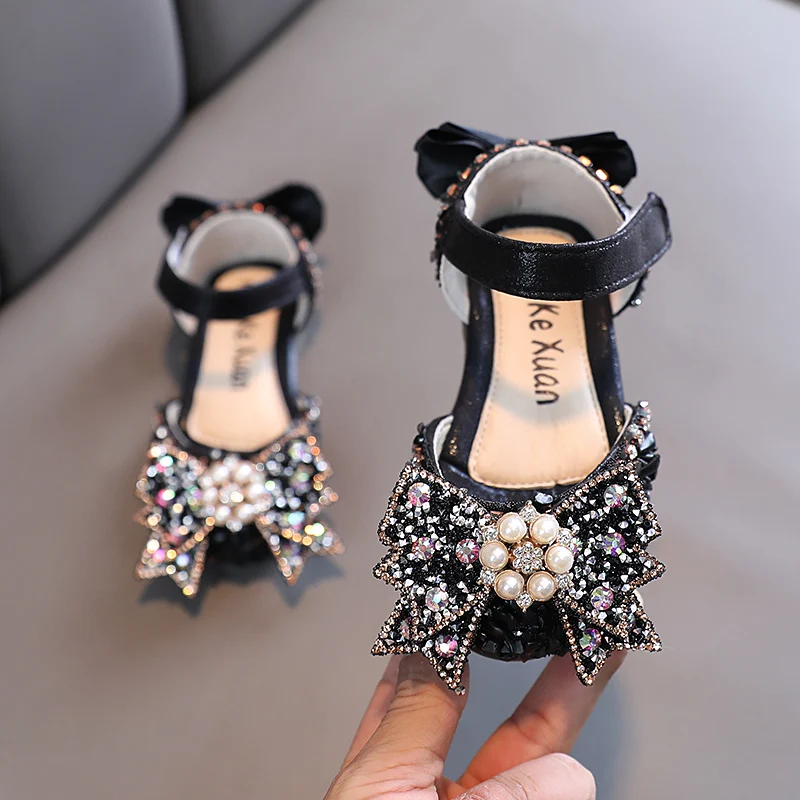 Summer Kids Bow Sandals Children Rhinestone Non-slip Flats Shoes Fashion Girls Pu Leather Princess Party Dance Sandals