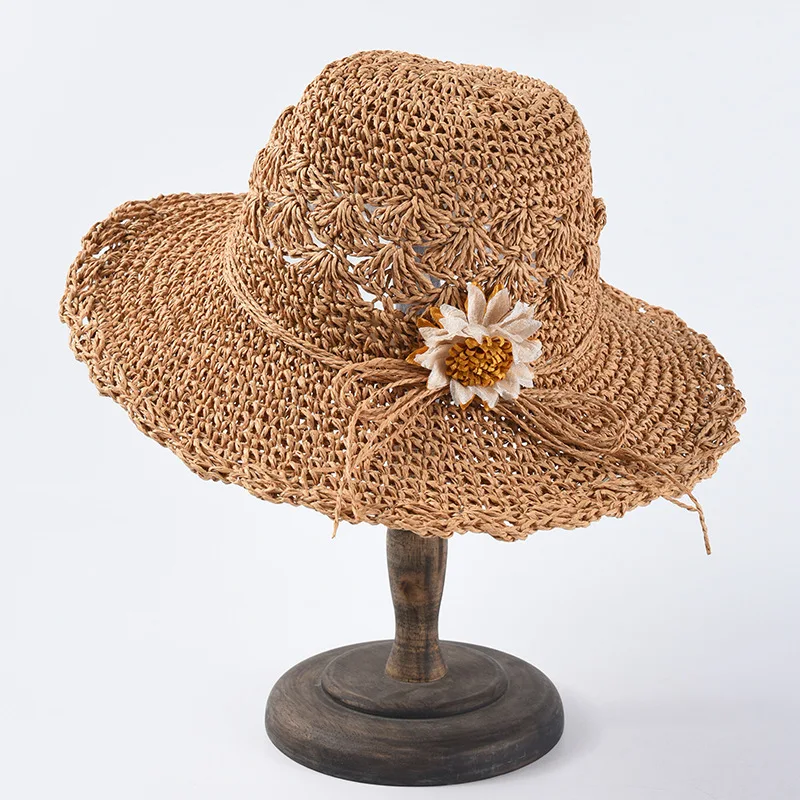 Летняя вязаная круглая соломенная шляпа с бантом и цветочным орнаментом дышащая