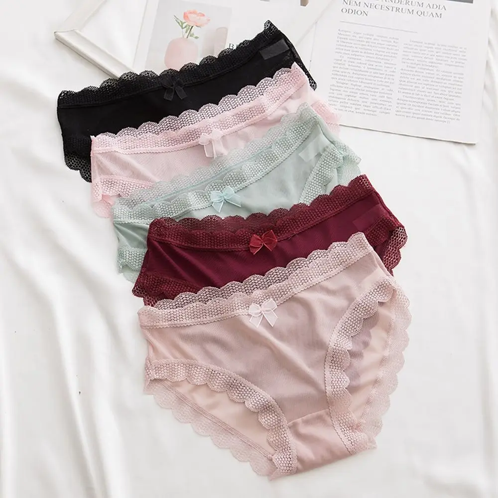 

Sexy Lace Ladies Panties Hollow Mesh Bow Knot Low Waist Sweet Girl Briefs Women Cotton Crotch Seamless Breathable Underwear