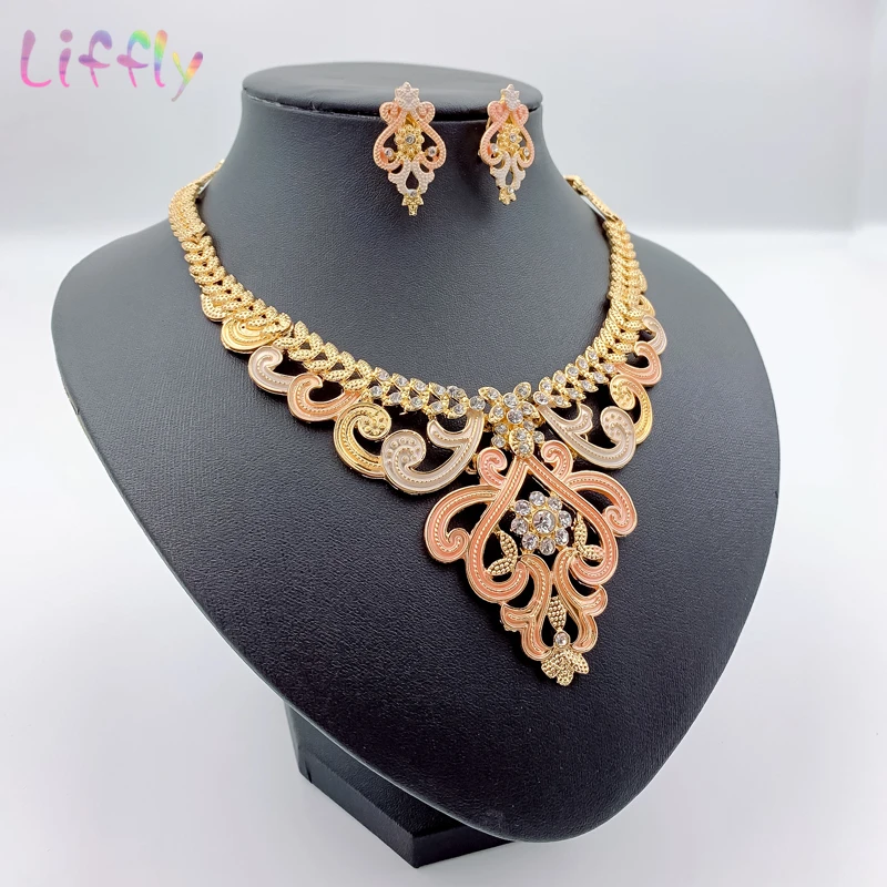 Дубай Золотые Ювелирные наборы для женщин модное ожерелье серьги браслет кольцо