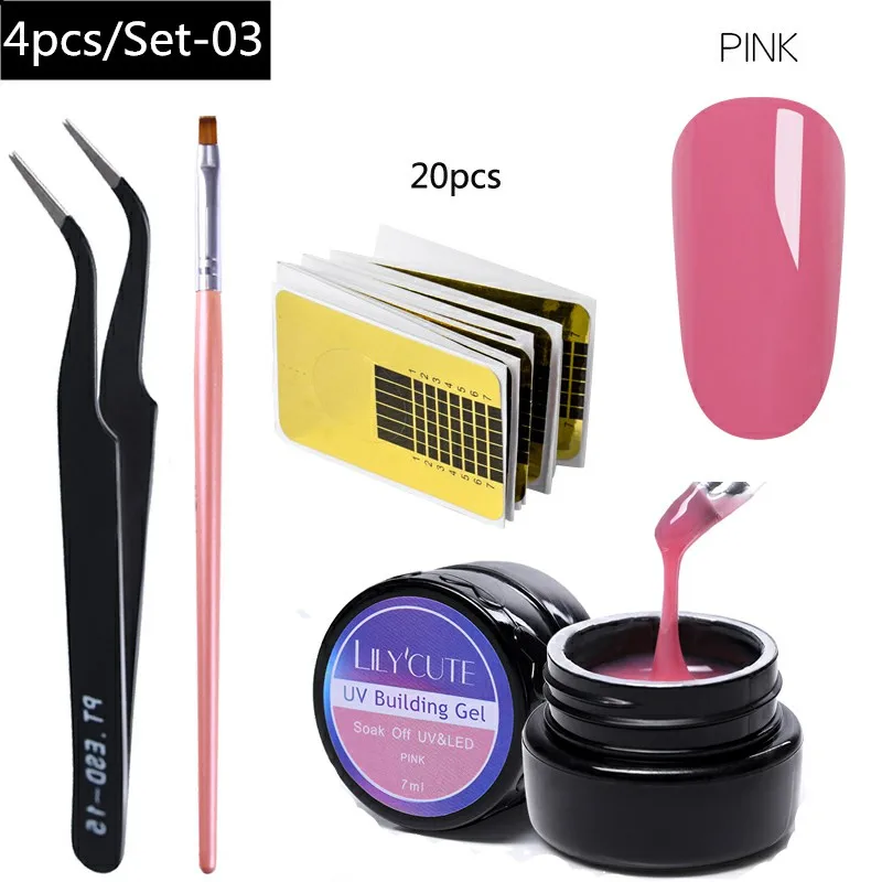 4Pcs -LC0 3 LILYCUTE 20ml Poly Extension Gel Kit Quick Building Gel White Clear LED Acrylic Builder Nail Tips Nail Art Gel Brush Tool Set - Цвет: 4Pcs -LC0 3