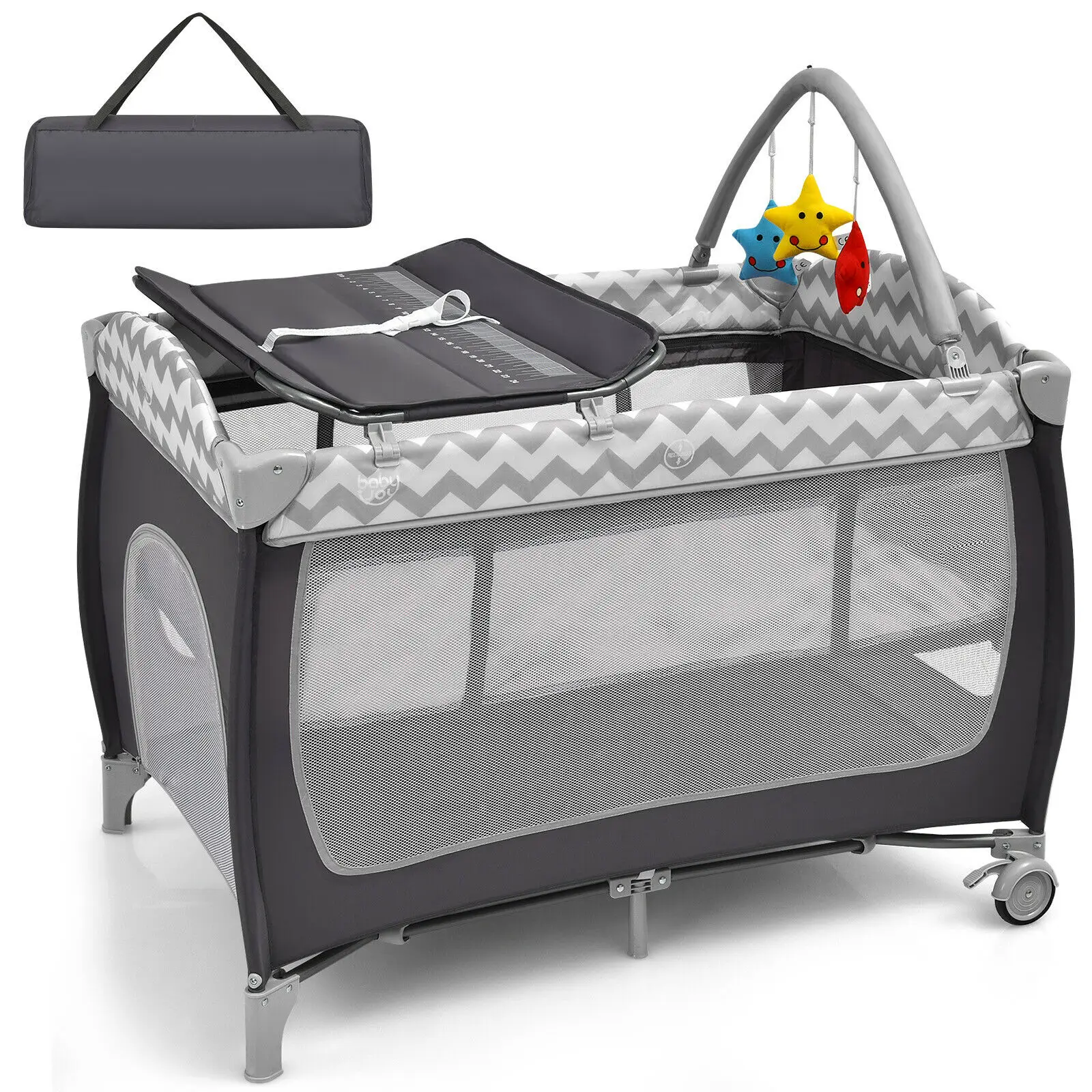 Babyjoy 3 in 1 Baby Playard Portable Infant Nursery Center w/ Zippered Door Grey/Pink  BB0510