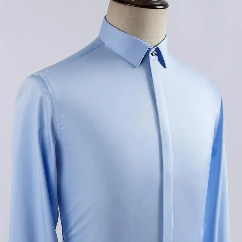 

Men's Casual Hidden Diamond Buttons Non-iron Dress Shirts Pocket-less Design Standard-fit Long Sleeve Bamboo-fiber Tops Shirt