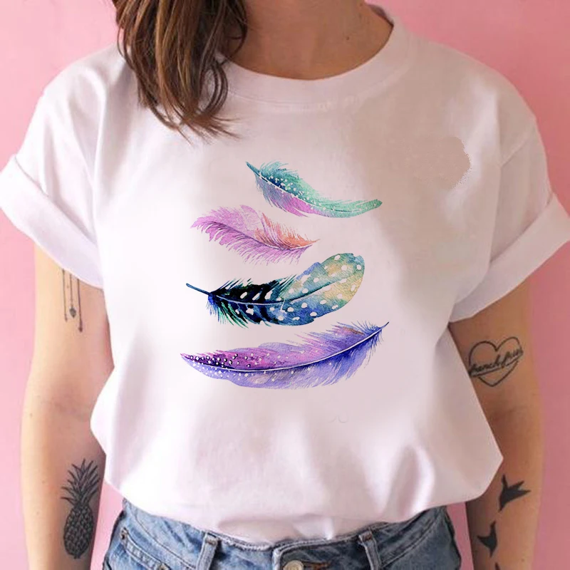 

Dreamcatcher Casual O-neck Top Shirt Women's T-shirt Feather Harajuku Printed T-shirt Fashion Casual White T-shirt