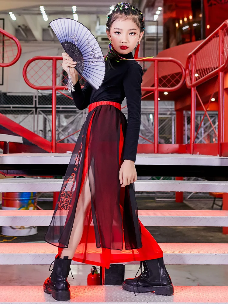 

2021 Fashion Chinese Style Girls Hip Hop Dance Clothes Red Outfits Jazz Performance Costumes Rave Clothes Stage Clothes DQS6566