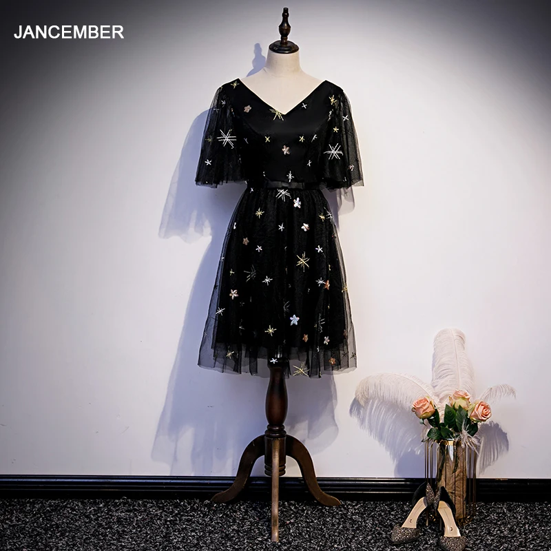 Коктейльные платья JANCEMBER черное элегантное платье с треугольным вырезом и