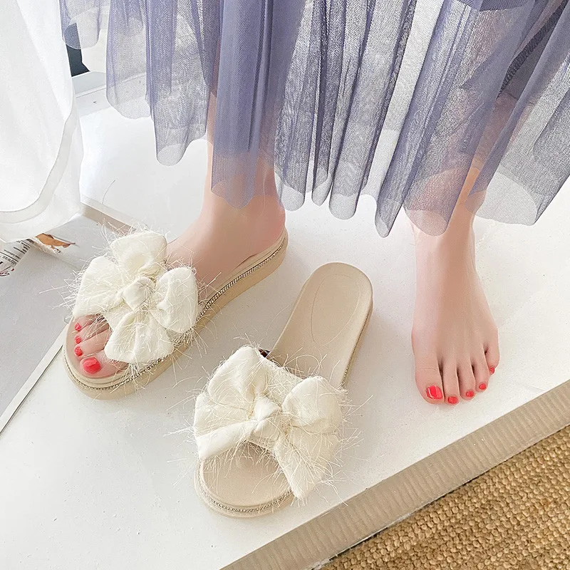 

Shoes Woman's Slippers Slides Med Platform Fashion Butterfly-Knot 2021 Luxury Flat Soft Basic Rome Butterfly-knot PU Flat Shoes