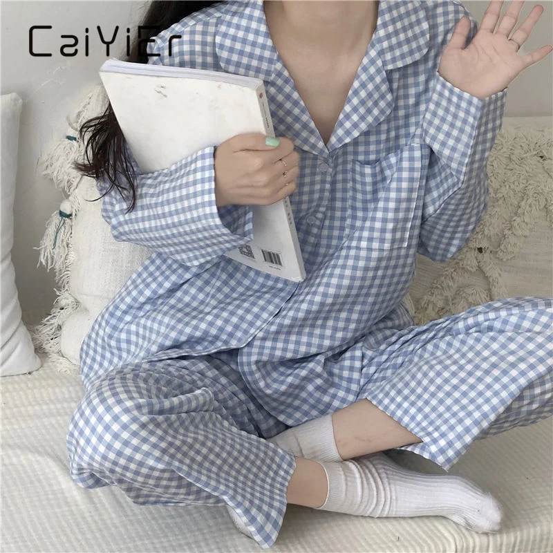 CAIYIER Cute Grid Girls Pajamas Set Korean Autumn Winter New Long Sleeve Leisure Sleepwear Women Loose Nightwear Homewear Suit
