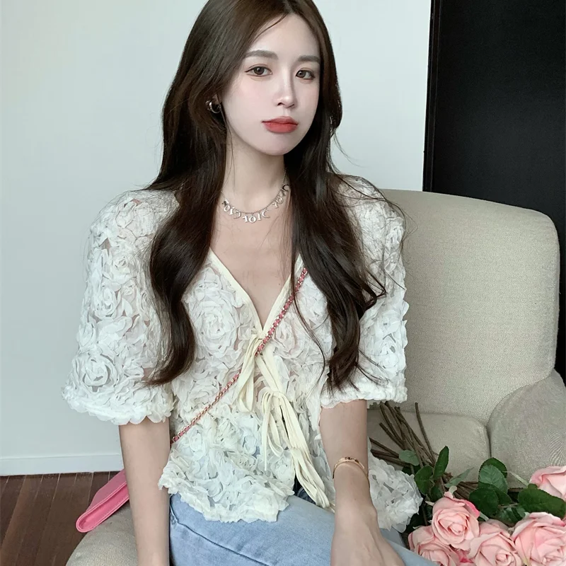 

ZAWAHIKI Korean Chic Elegant Fashion Chiffon Cardigan Shirt Women Summer V Neck Short Sleeve Three-dimensional Floral Lace Tops