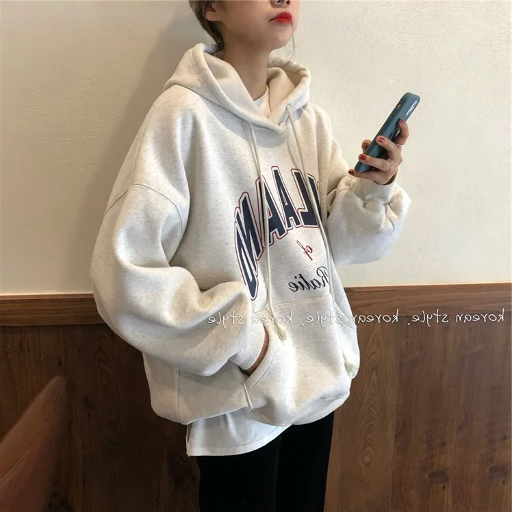 

Hoodies Women Ulzzang Hooded Plus Velvet Letter Printed Ins Hot Selling Students Trendy Loose Outerwear Front Pocket Cute BF New