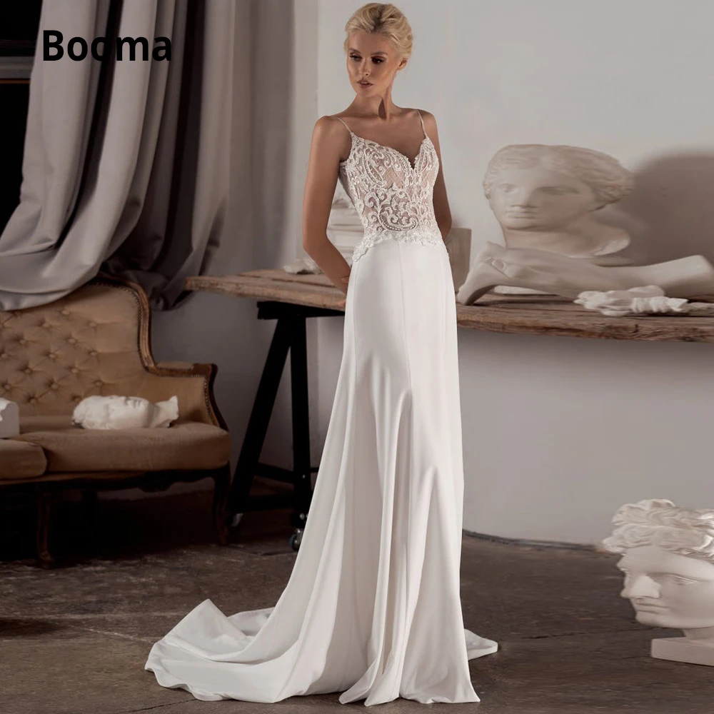 Кружевное атласное свадебное платье Booma с юбкой-годе V-образным вырезом без