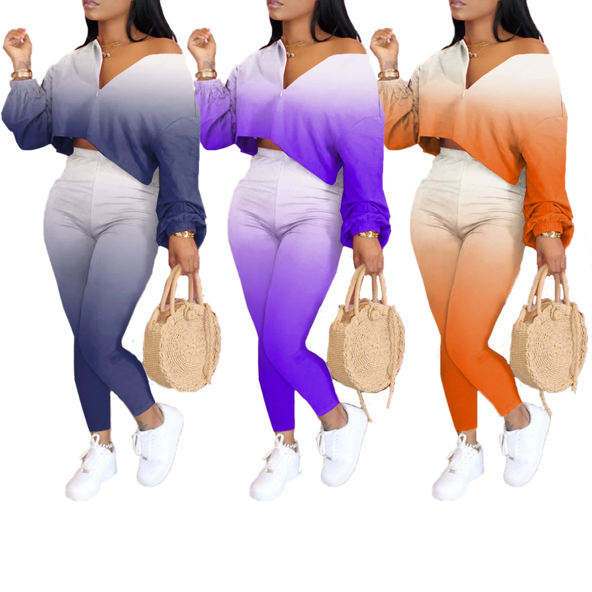 

Ladies Temperament Clothes Suit Women Summer Autumn Fashionable Gradient Color Long Sleeve Short Top + Casual Long Pants Set