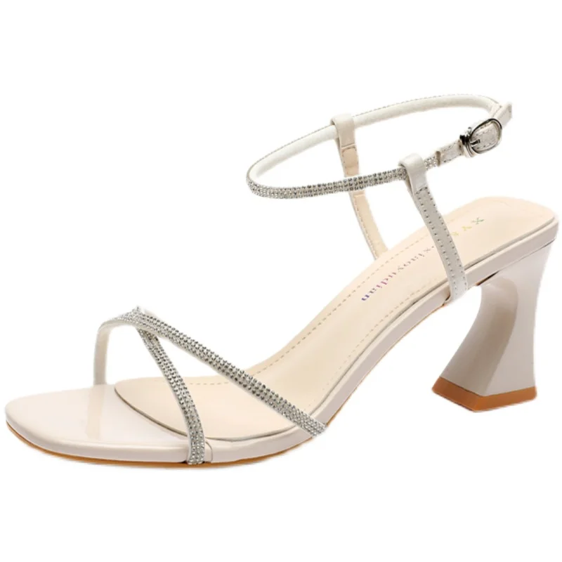 

All-Match Beige Heeled Sandals Clear Shoes Med 2021 Summer Buckle Strap Black Comfort Rhinestone Medium New Fashion High Girls S