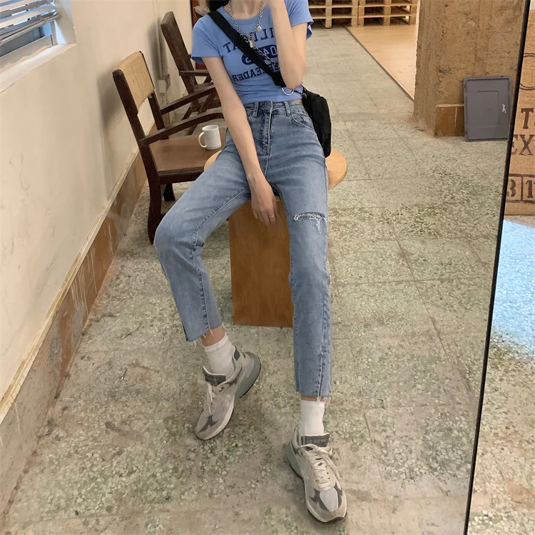 

Новые облегающие брюки с завышенной талией, Корейская версия, прямые джинсы с разрезом и необработанными краями, узкие Женские Брюки-Капри ...