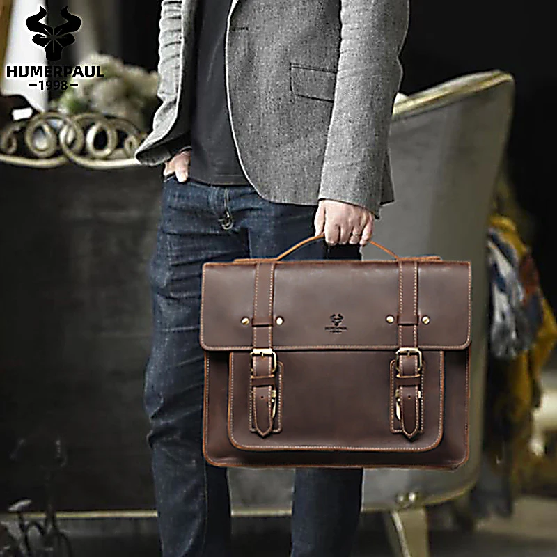

HUMERPAUL Men Briefcase Bag Crazy Horse Leather Shoulder Messenger Bags Famous Brand Business Office Handbag for 14 inch Laptop