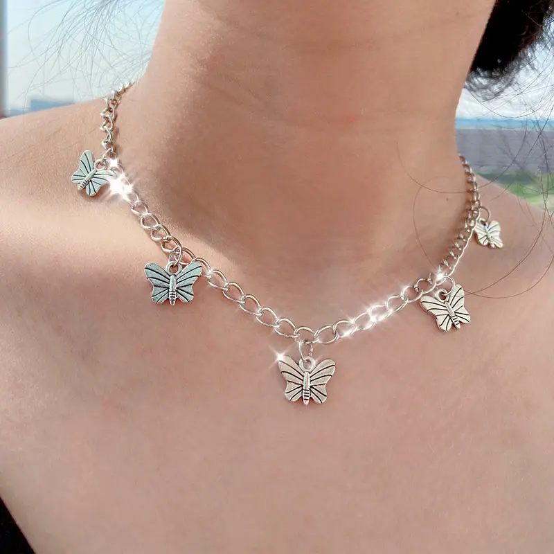 Женское винтажное ожерелье Flatfoosie кулон в виде бабочки серебристого цвета