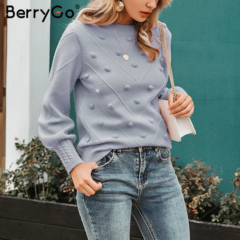 BerryGo Элегант вязаный помпон женский свитер джемпер Элегантный меховой O-образным