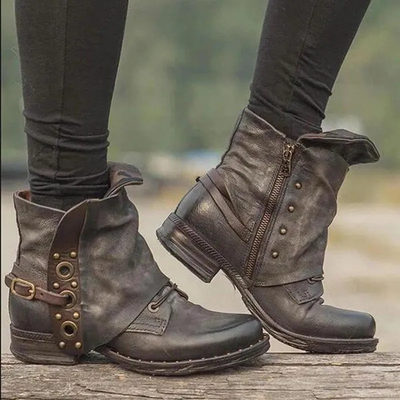 

2020 New Women's Ankle Boots Zip Autumn and Winter New Hot Big Size Retro Square Head Women's Pu Leather Boots