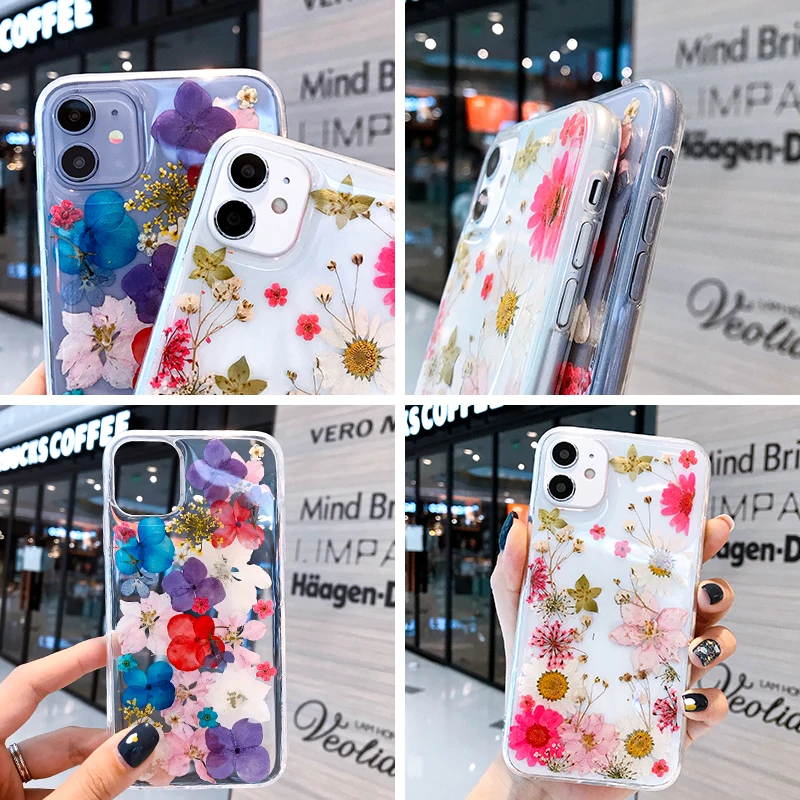 

Dried Real Flowers Case For iPhone 12 11 Pro Max Mini Case Silicon Phone Bumper On iPhone SE 2020 XR 8 7 Plus X XS Covers Fundas