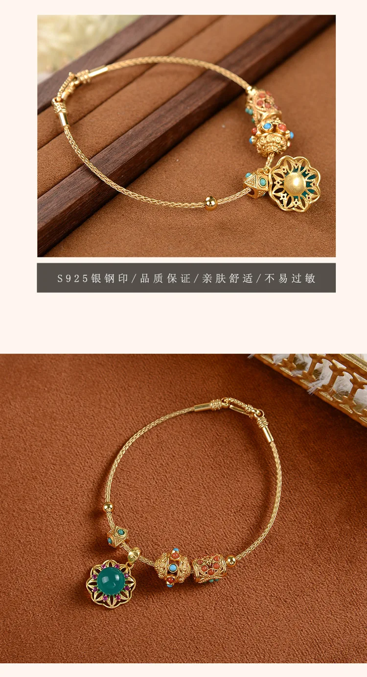 

REAL PURE 925 STERLING SILVER GOLD-PLATED AMAZONITE NATURAL LAKE BLUE GEMSTONE AGATE TURQUOISE CHARM BRACELET JEWELRY FOR WOMEN