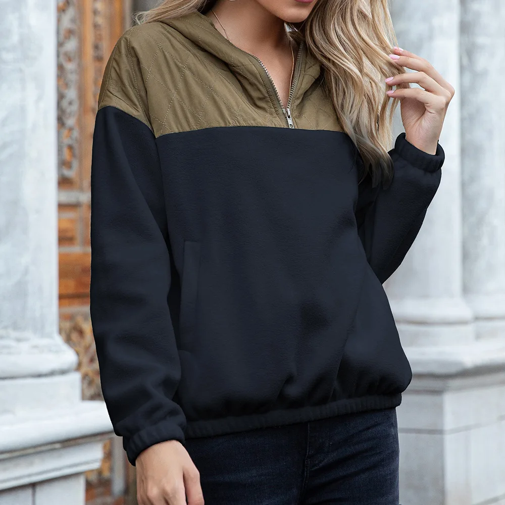 

Spring and autumn double-sided polar fleece color matching pullover hooded loose plush sports sweater coat women