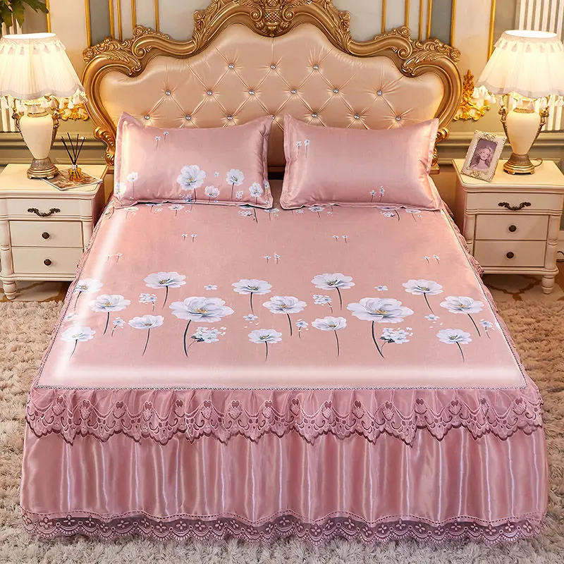 

New 1 Bed Skirt+2 Pillowcase Summer Luxury Ice Silk Bed Skirt Chinese Style Pastoral Bedding Romantic Textile King/Queen J8161