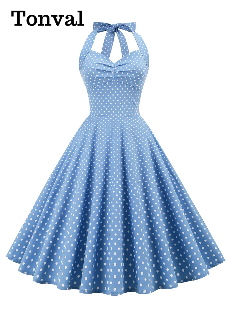 

Tonval Polka Dot 50s Style Rockabilly Vintage Sexy Dresses for Women Blue Halter Lace-Up Back Party Backless Corset Dress