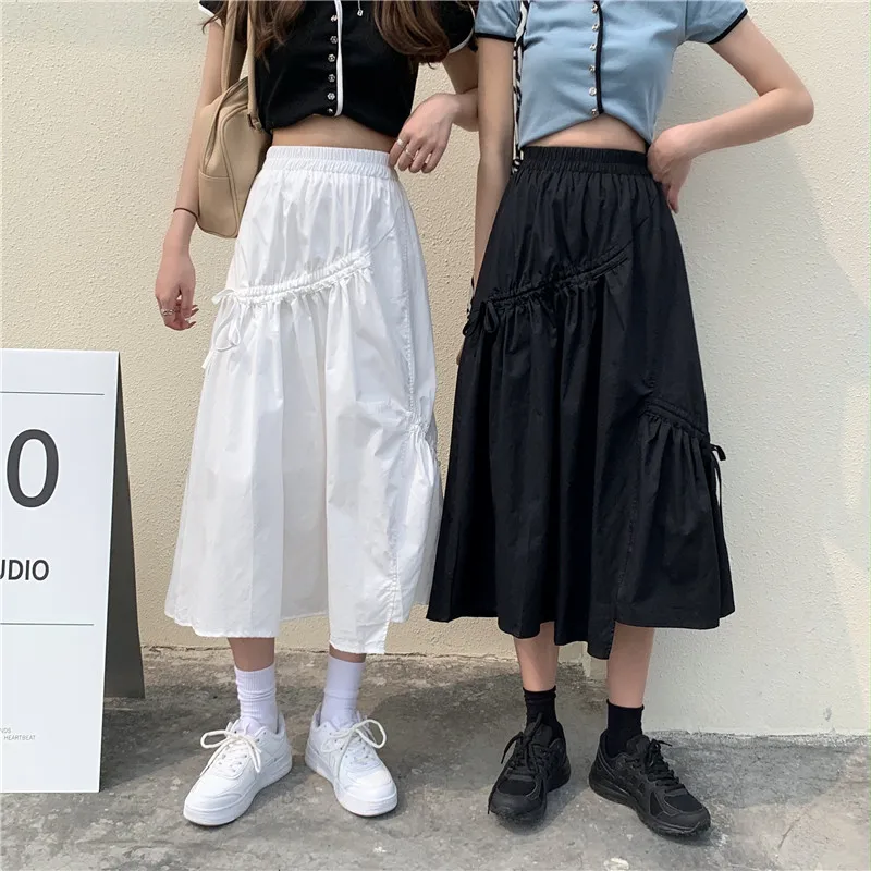 

Spring Summer Women Chiffon Skirts Vintage High Waist Elastic Patchwork White Black Chic Long Cake A-line Skirt for Student