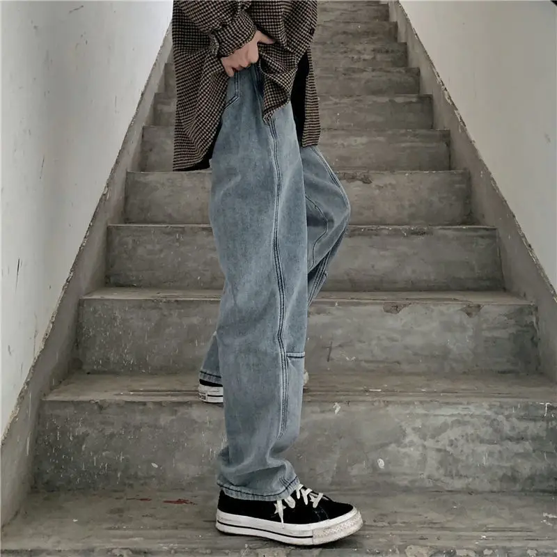 ICCLEK 2021 New Pants Men's Jeans Autumn Jeans Loose Straight Wide-leg Pants Cargo Jeans  Mens Street Wear  Blue Jeans
