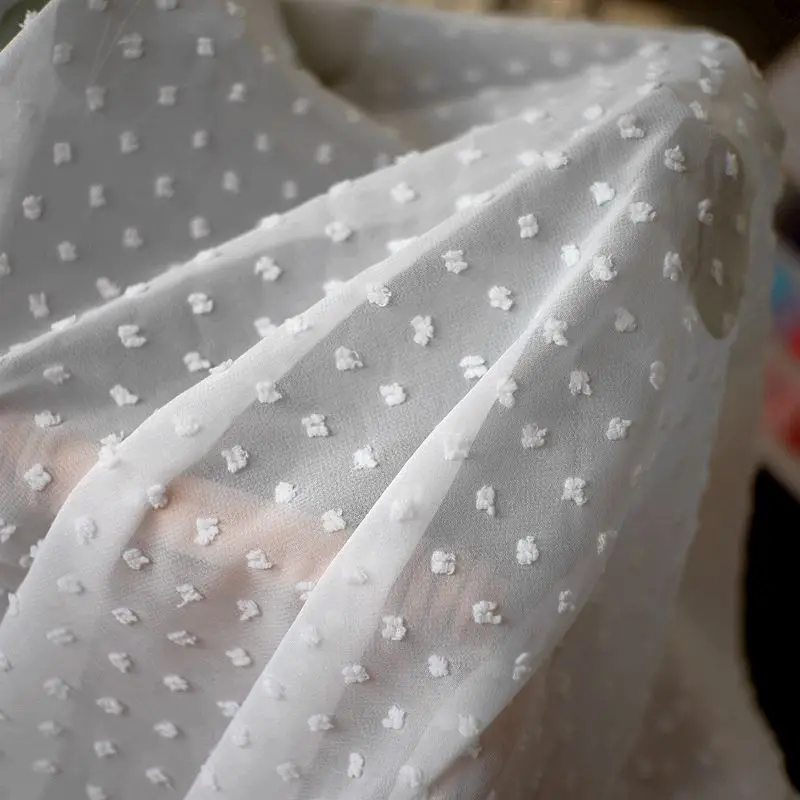 Тюль шифоновый в горошек мягкая бежевая жаккардовая ткань 3D для платьев и