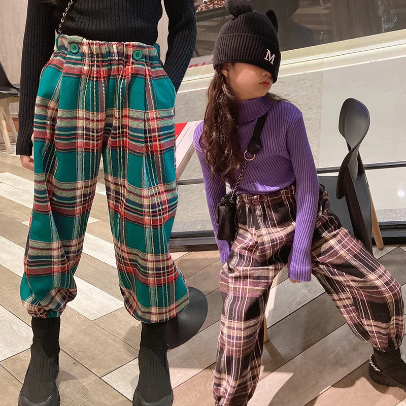 

New Children Sweatpants Girls Plus Velvet Striped Checked Trousers Teenage Hip Hop Handsome Casual Pants 3 4 5 6 7 8 9 10 11 12y
