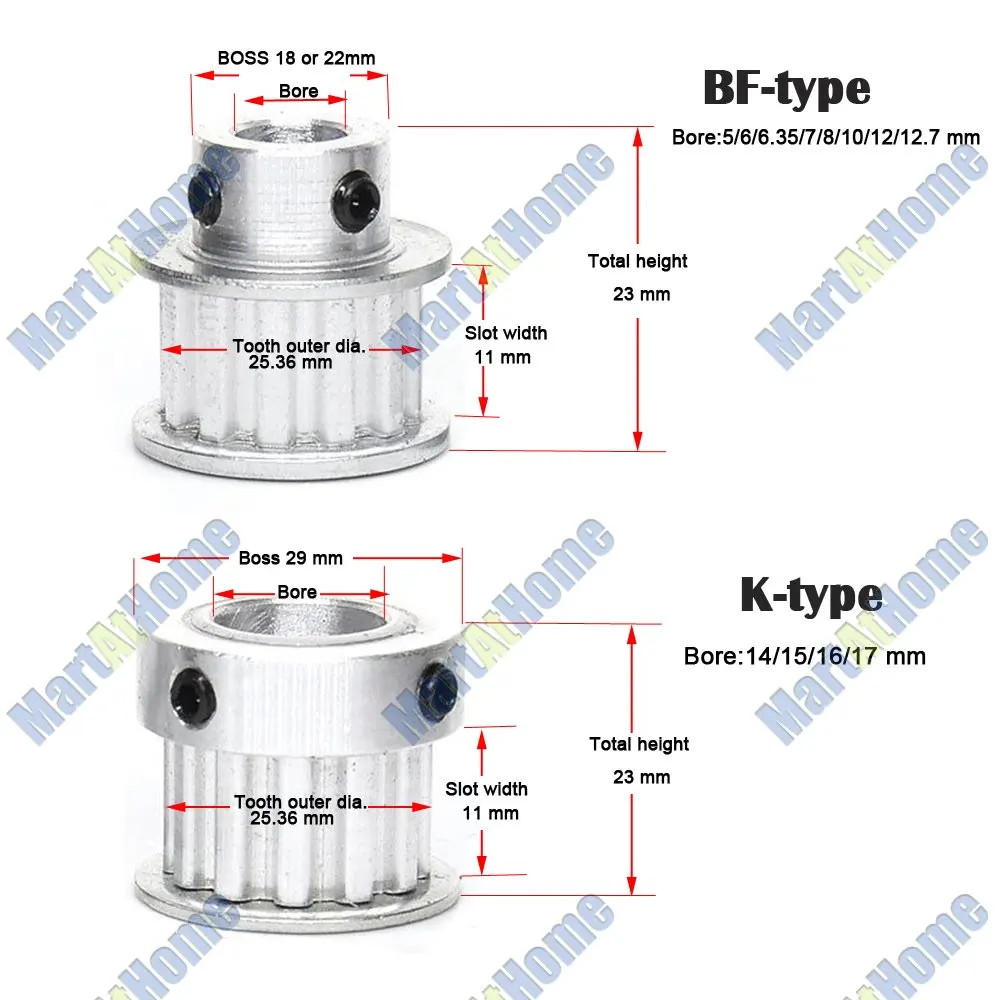 Алюминиевый шкив XL16 16T Ширина 16 зубьев 11 мм BF type/K type Boss 18 мм/22 мм/29 Диаметр