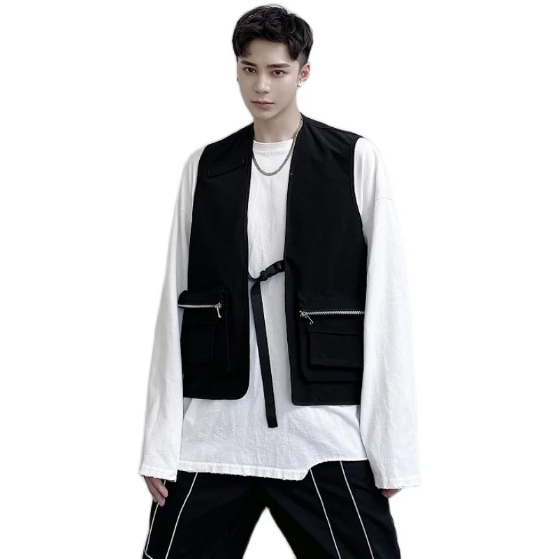 

Male Black Vintage Sleeveless Coat Waistcoat Men Women Streetwear Hip Hop Fashion Couple Casual Function Vest Jacket