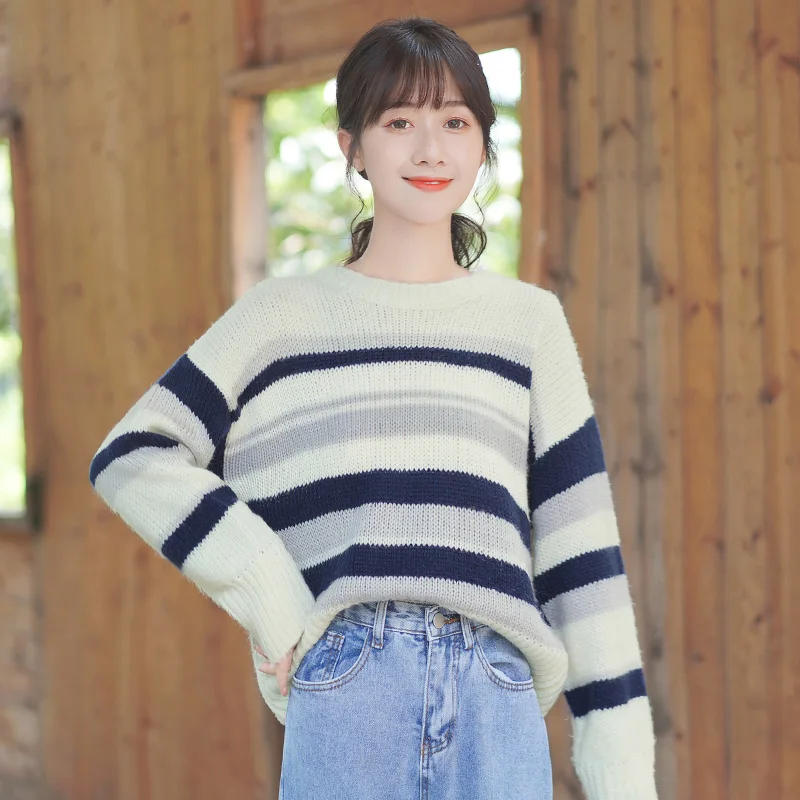 

Chic Khaki Autumn and Winter 2020 New Loose Color Matching Striped Sweater Student Pullover Long Sleeves Inner Wear Women's