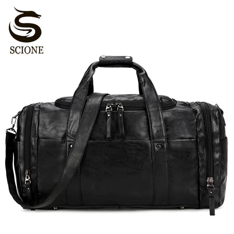 Men Leather Duffle Bag Business Travel Weekend Handbag Large Capacity Carry On Luggage Travelling Bags For Male Black XA111M