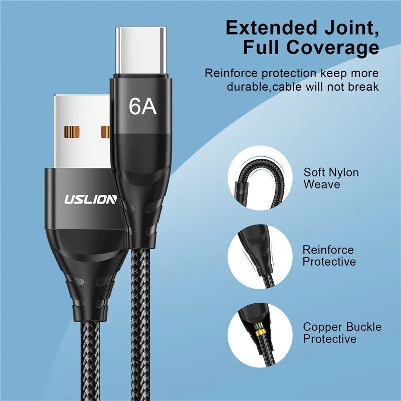USLION 6A USB C Cable Type C Cable For Samsung S20 Qucik Charge 66W Fast Charging Wire Mobile Phone USBC Type-C Cable for Xiaomi