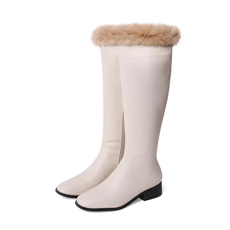 

New Winter Rabbit Fur Boots Mid Calf Plus Velvet Keep Warm Women Boots Square Toe Thick Heel Mid Heel Knee Length Knight Boots