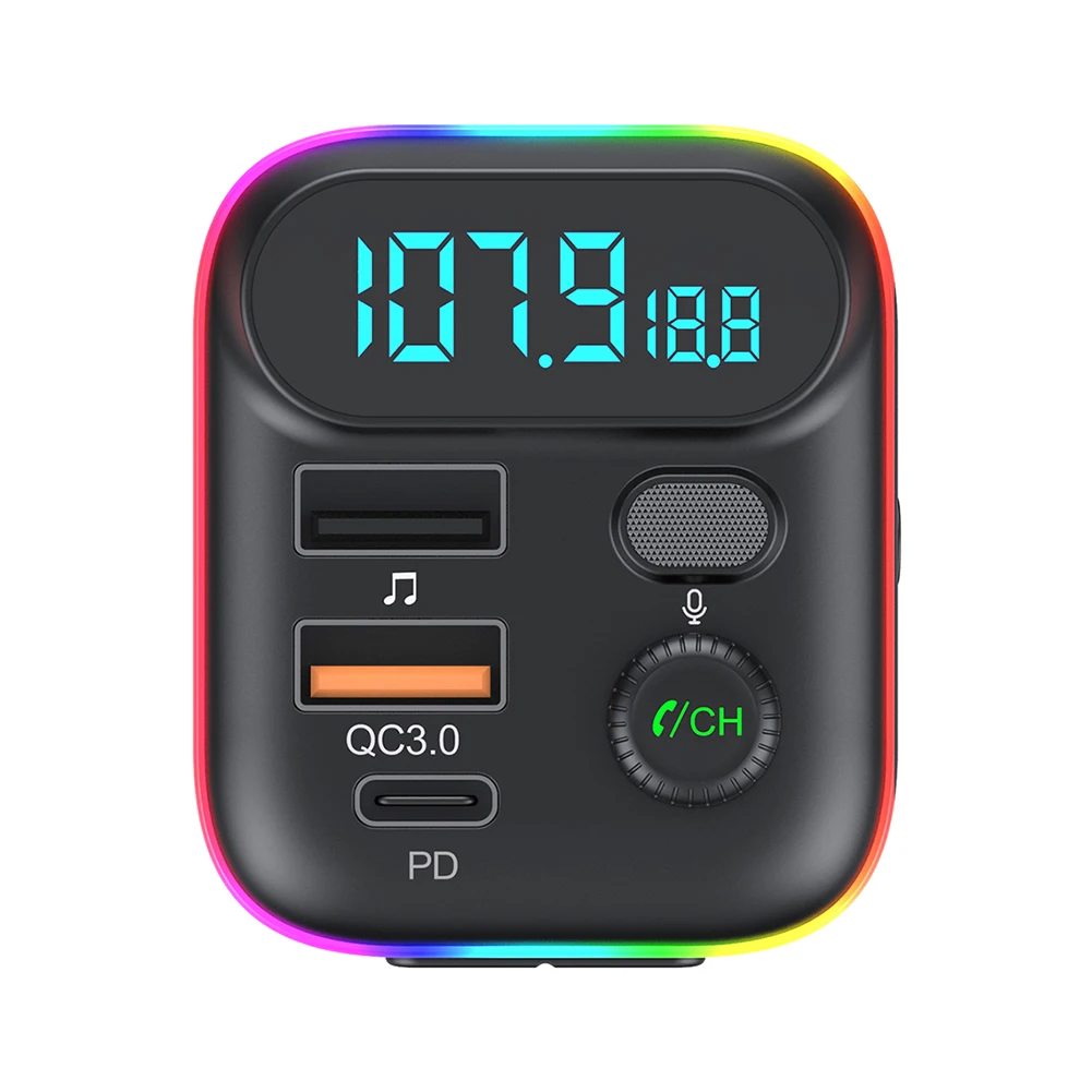 

Wireless Car FM Transmitter Blue-tooth-Compatible MP3 Plyer with PD QC3.0 USB Charger Colorful Ambient Light Digital Voltmeter