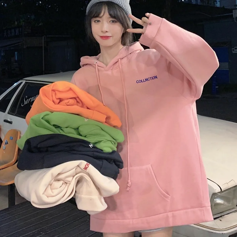 

Hoodies Women letter embroidery Oversized Harajuku pocket Pullovers Casual Fashion fleece hooded Sweatshirts Female streetwear