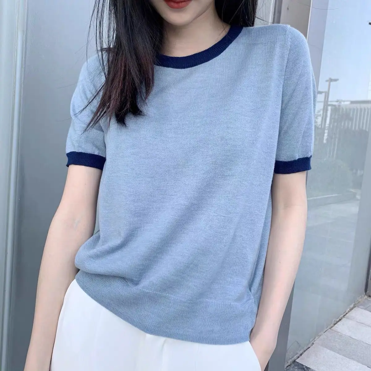 

2021 summer new round-necked t-shirt knit clash color soft soft skin breathable thin collared short-sleeved Blouse